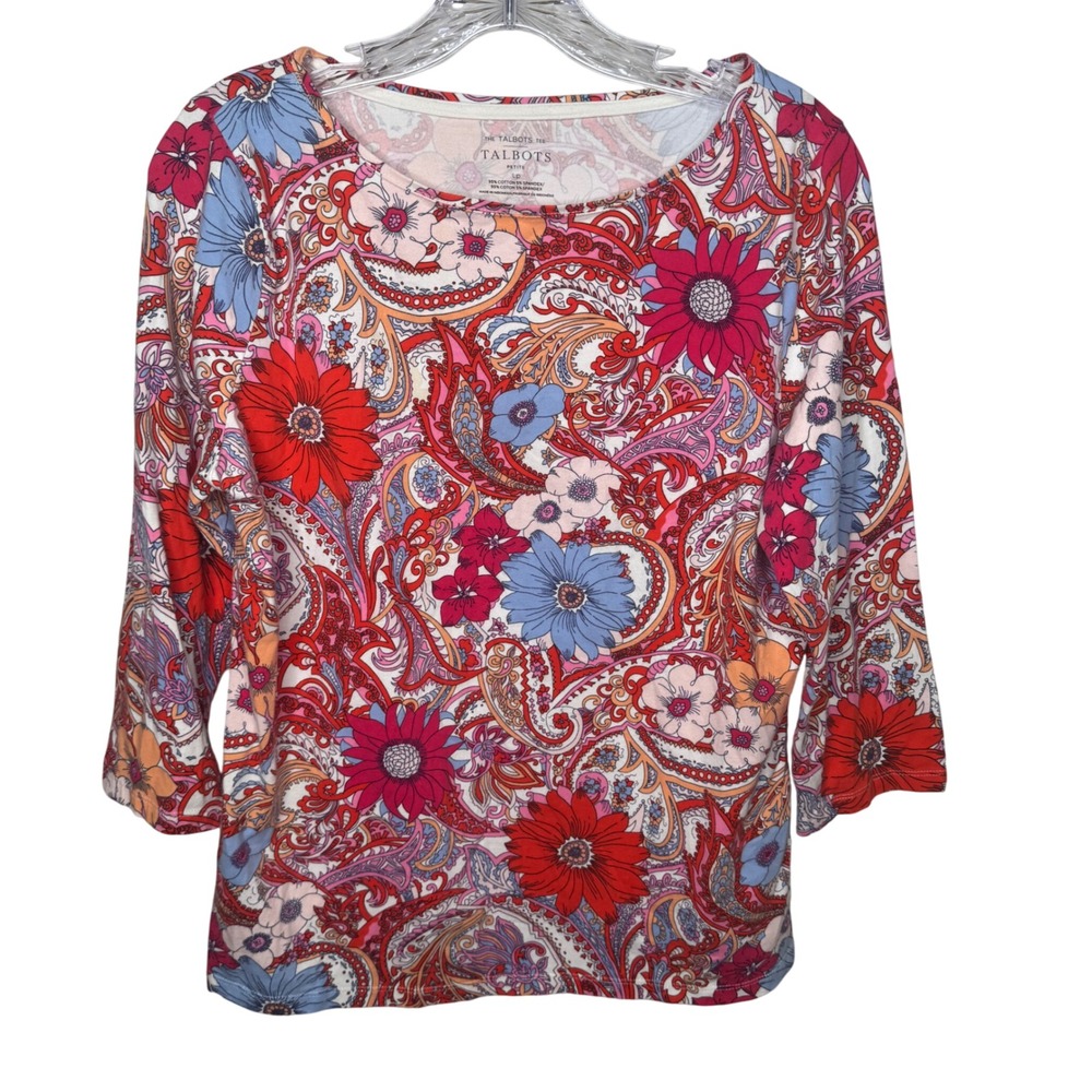 Talbots Petite Women's 3/4 Sleeve Scoop Neck‎ Top Colorful Floral Paisley